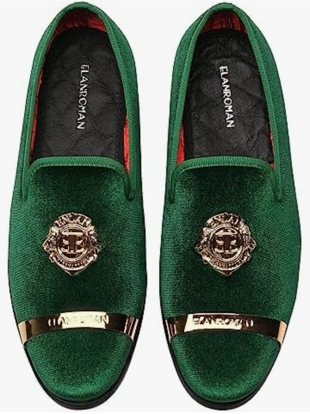 Elanroman Men's Green Velvet Slip-On Loafers with Gold Crest